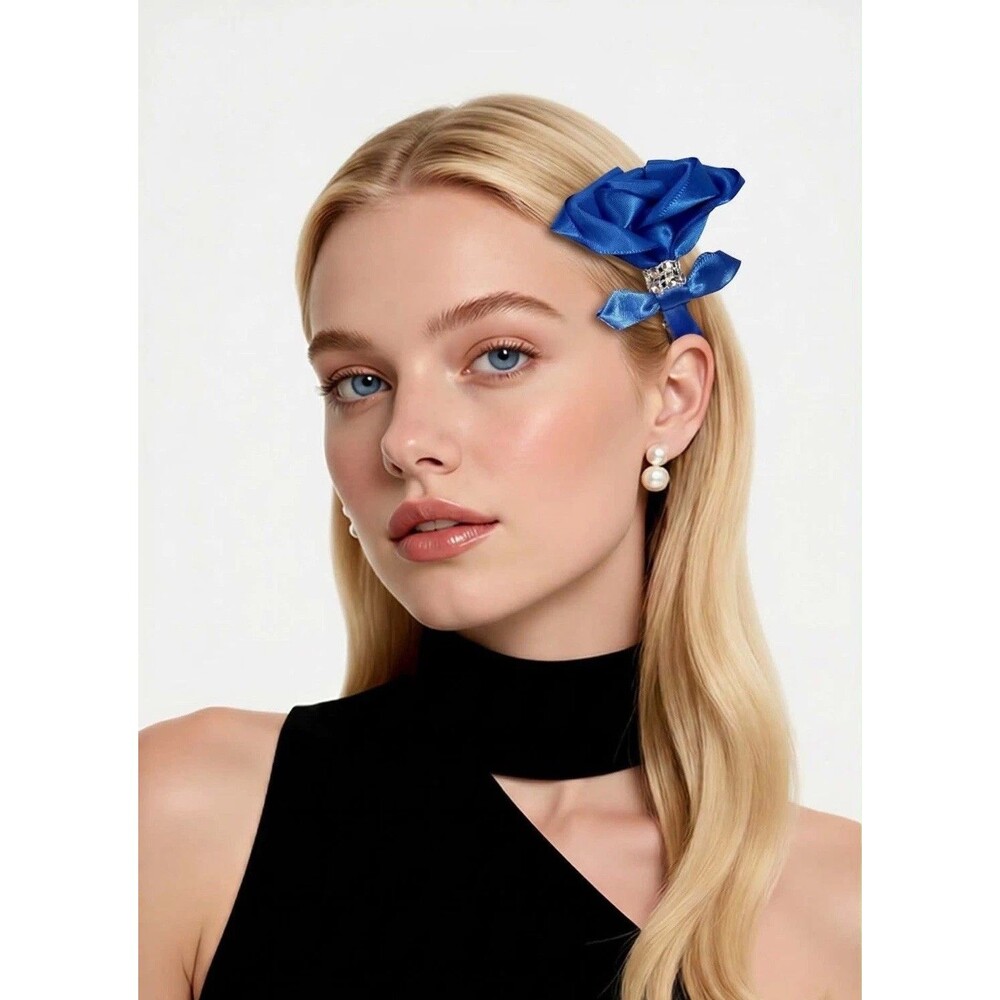 Handmade Satin Rose Hair Clip Blue Flower Bow Romantic Cottagecore 2.5 In - Picture 3 of 11